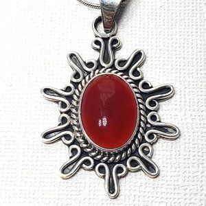 CII Mexico Silver 925 Carnelian Brown Natural Gemstone Large Sunburst Pendant